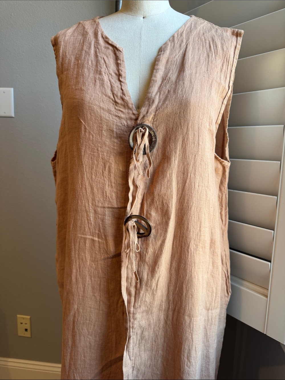 Sleeveless Linen Tunic Dress in Dusty Peach with Ring Tie Front
